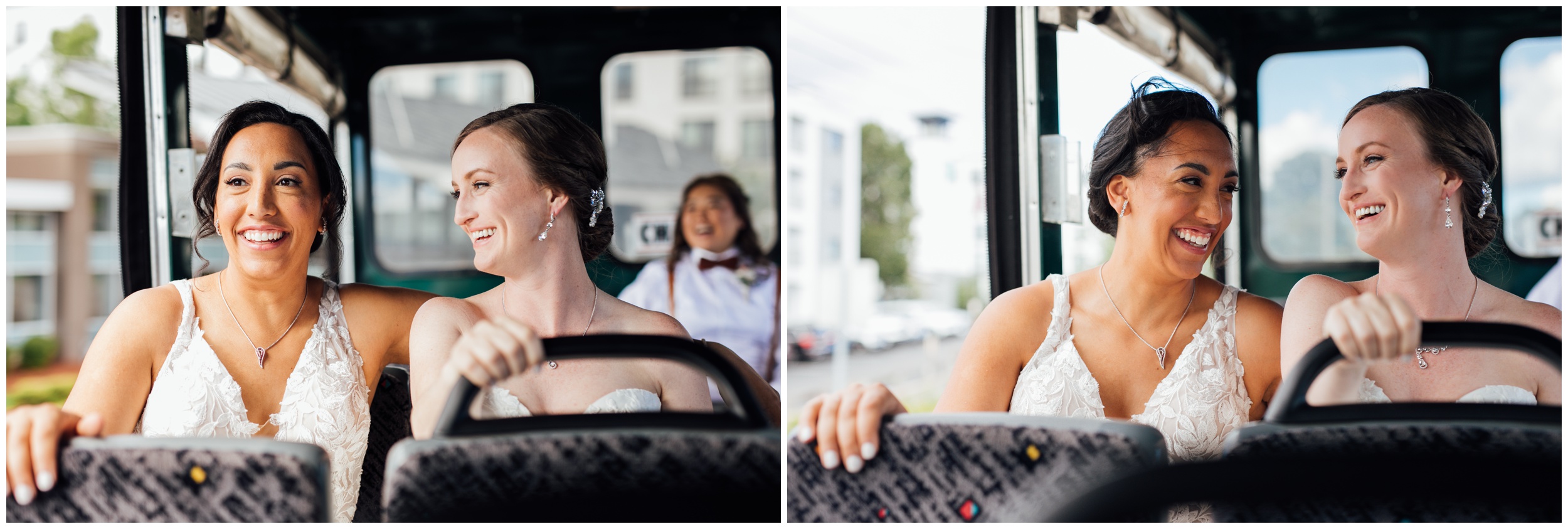 Two brides riding a trolley during their same sex wedding at Tower Hill in Massachusetts